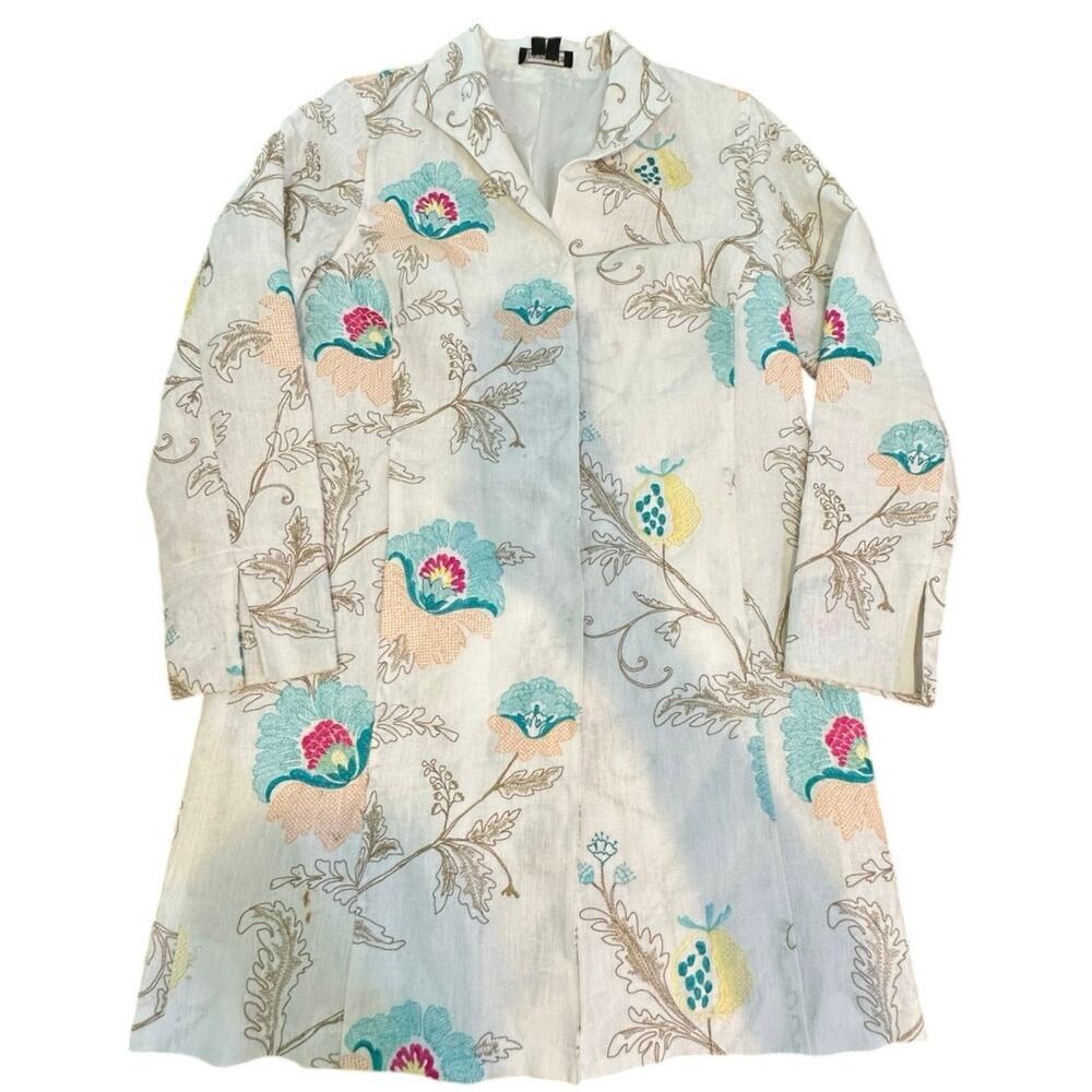 PaperWhite Women's White Long Floral Embroidered Linen Blazer Jacket Size 12